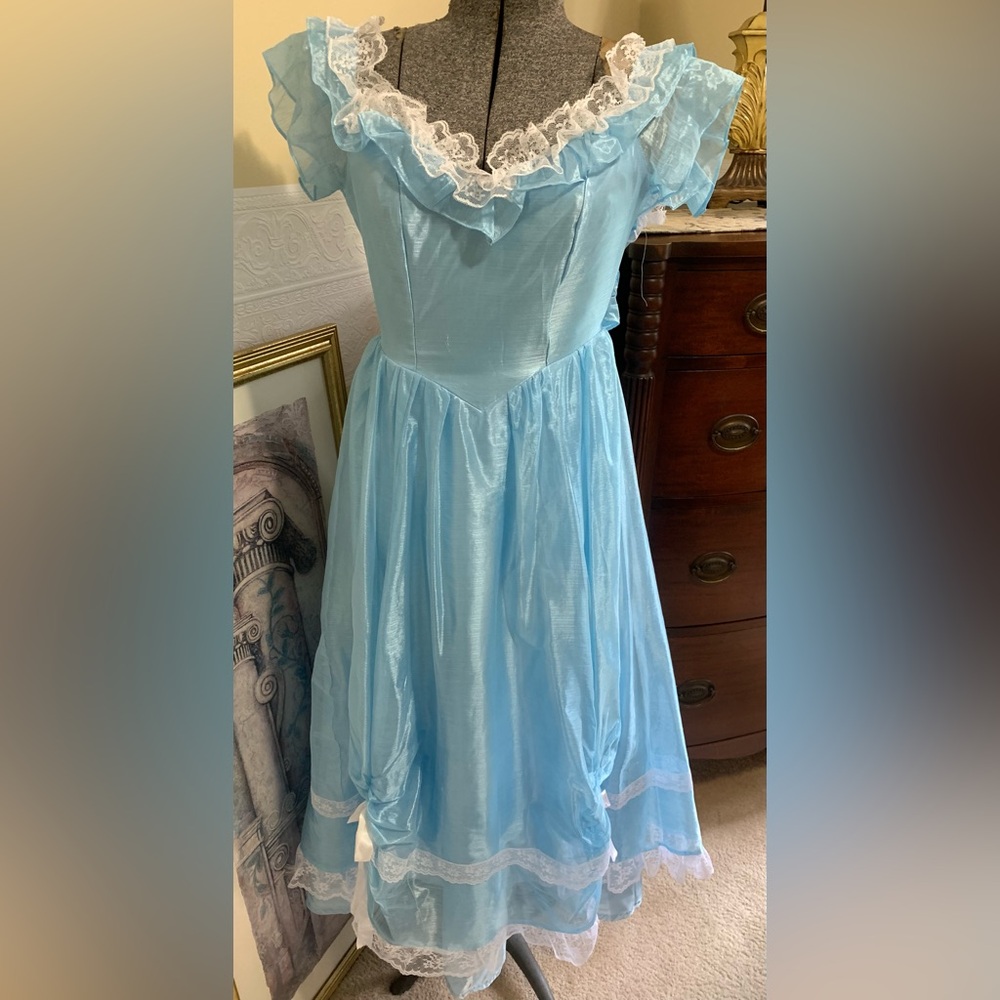 Vintage 70s  Blue Satin Dress White Lace Trim & Bows Juniors Size 7-8